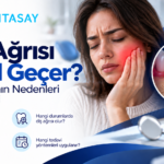 Yanağını tutarak diş ağrısı çeken bir kadın ve diş içindeki sinir iltihabını gösteren illüstrasyon — Dentasay Mardin diş ağrısı nedenleri ve tedavisi görseli.