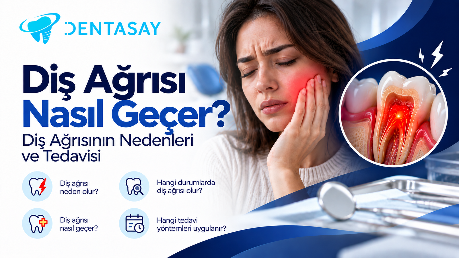 Yanağını tutarak diş ağrısı çeken bir kadın ve diş içindeki sinir iltihabını gösteren illüstrasyon — Dentasay Mardin diş ağrısı nedenleri ve tedavisi görseli.