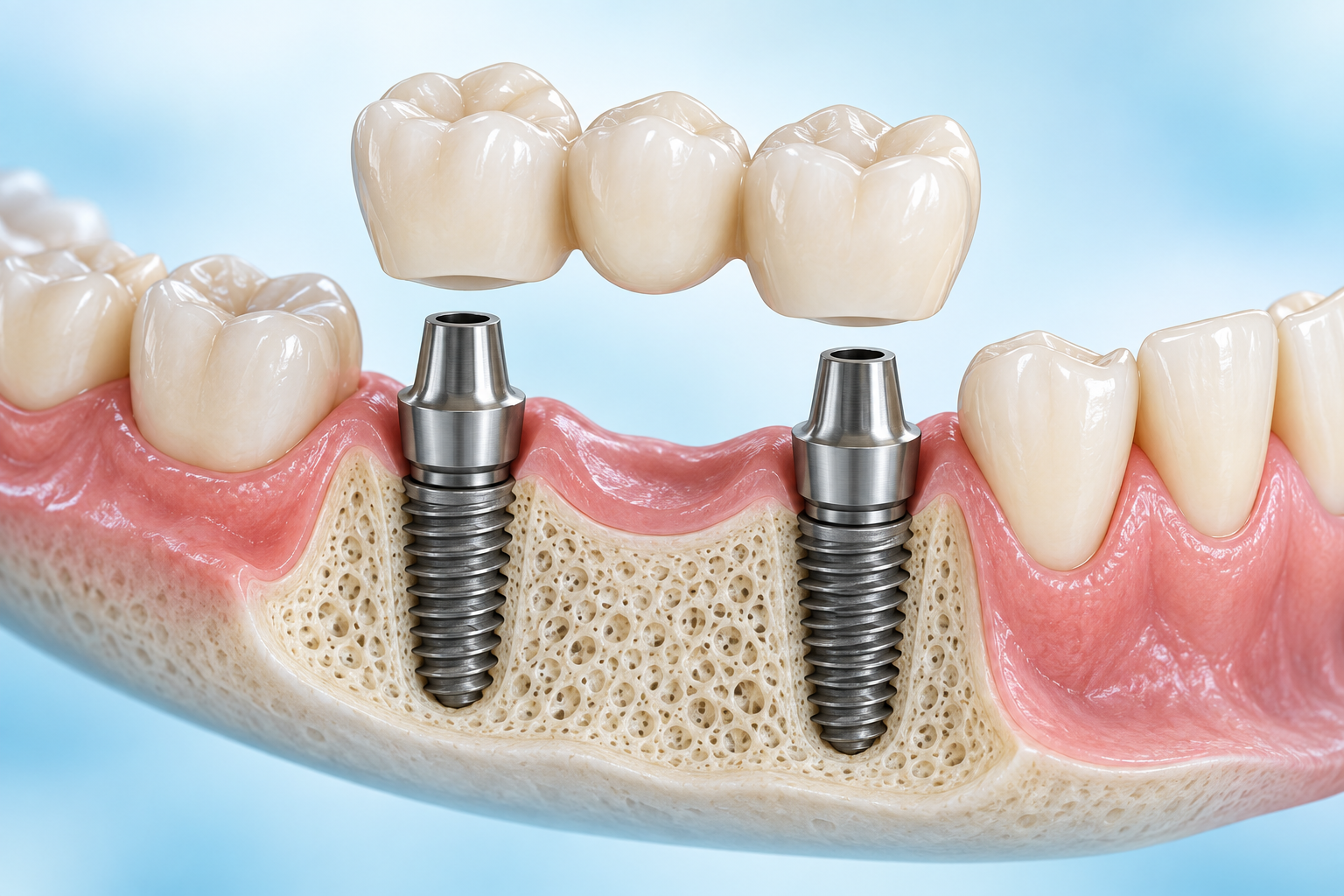İki dental implant üzerine yerleştirilen üç dişli köprü protezinin temsili görünümü.