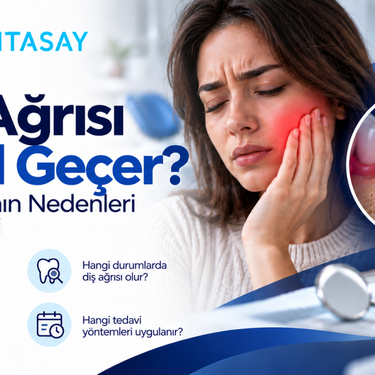 Yanağını tutarak diş ağrısı çeken bir kadın ve diş içindeki sinir iltihabını gösteren illüstrasyon — Dentasay Mardin diş ağrısı nedenleri ve tedavisi görseli.
