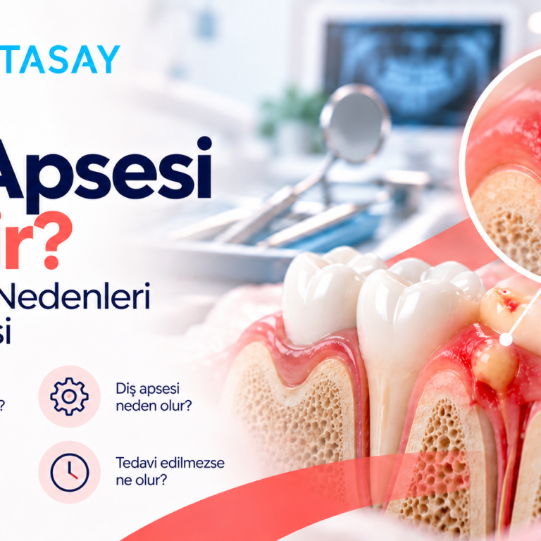Diş eti üzerinde oluşan apse ve çevresindeki iltihabı gösteren illüstrasyon — Dentasay Mardin diş apsesi belirtileri, nedenleri ve tedavisi görseli.