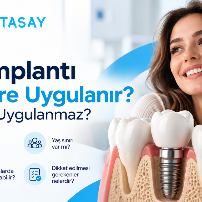 Diş implantı ve çene kemiği üzerinde implant uygulamasını gösteren illüstrasyon — Dentasay Mardin diş implantı kimlere uygulanır yazısı görseli.
