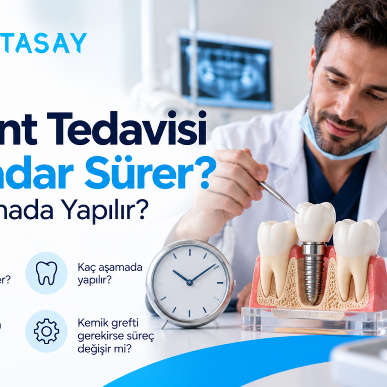 İmplant tedavi sürecinin aşamalarını gösteren illüstrasyon — Dentasay Mardin implant tedavisi ne kadar sürer yazısı görseli.