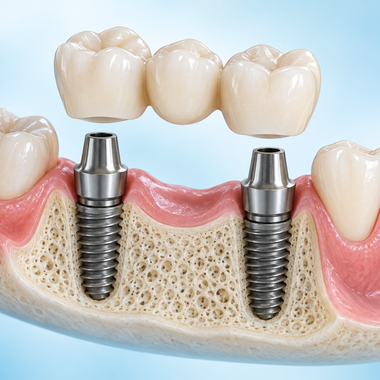 İki dental implant üzerine yerleştirilen üç dişli köprü protezinin temsili görünümü.